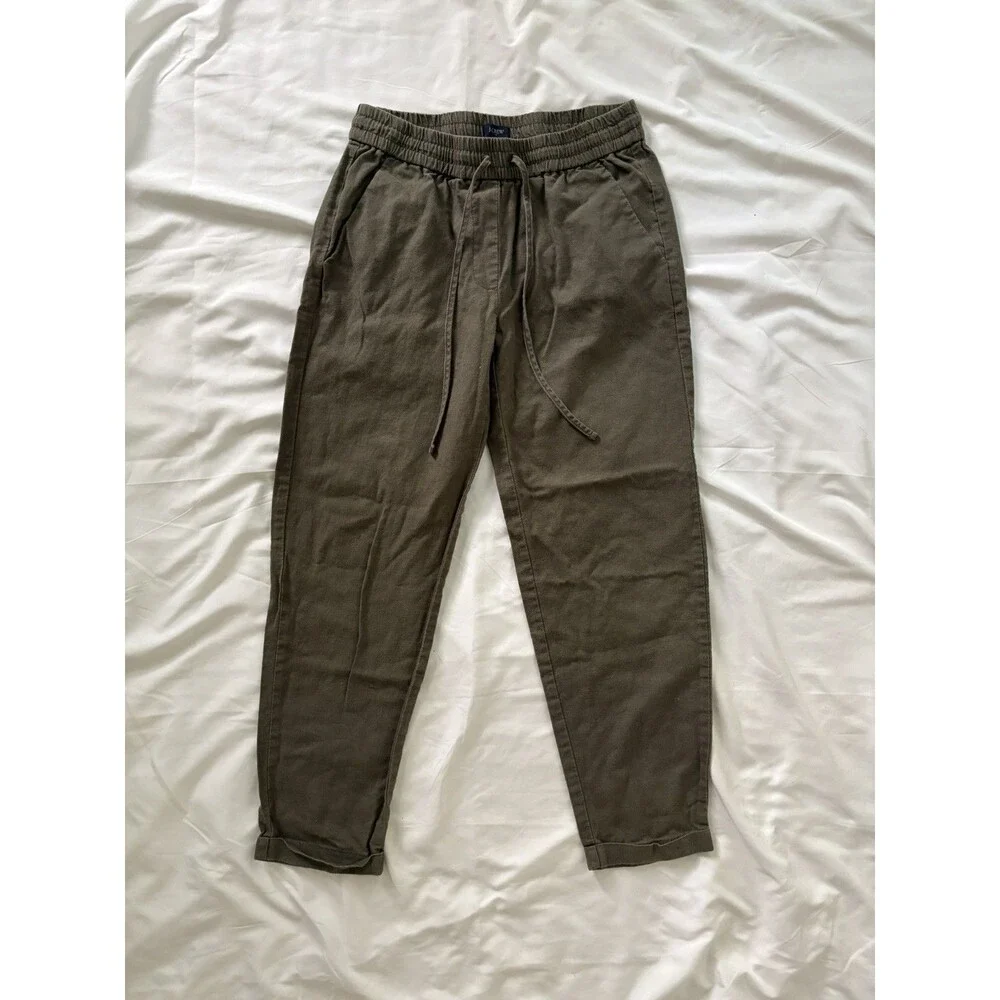 J.Crew Linen Blend Pull On Crop Pants Womens Sz 2 Green/OlivePockets Boho Casual